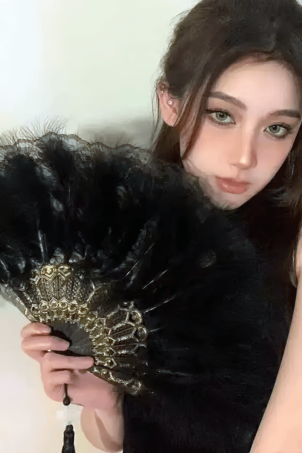 Victorian Black Feather Hand Fan for Gothic Party