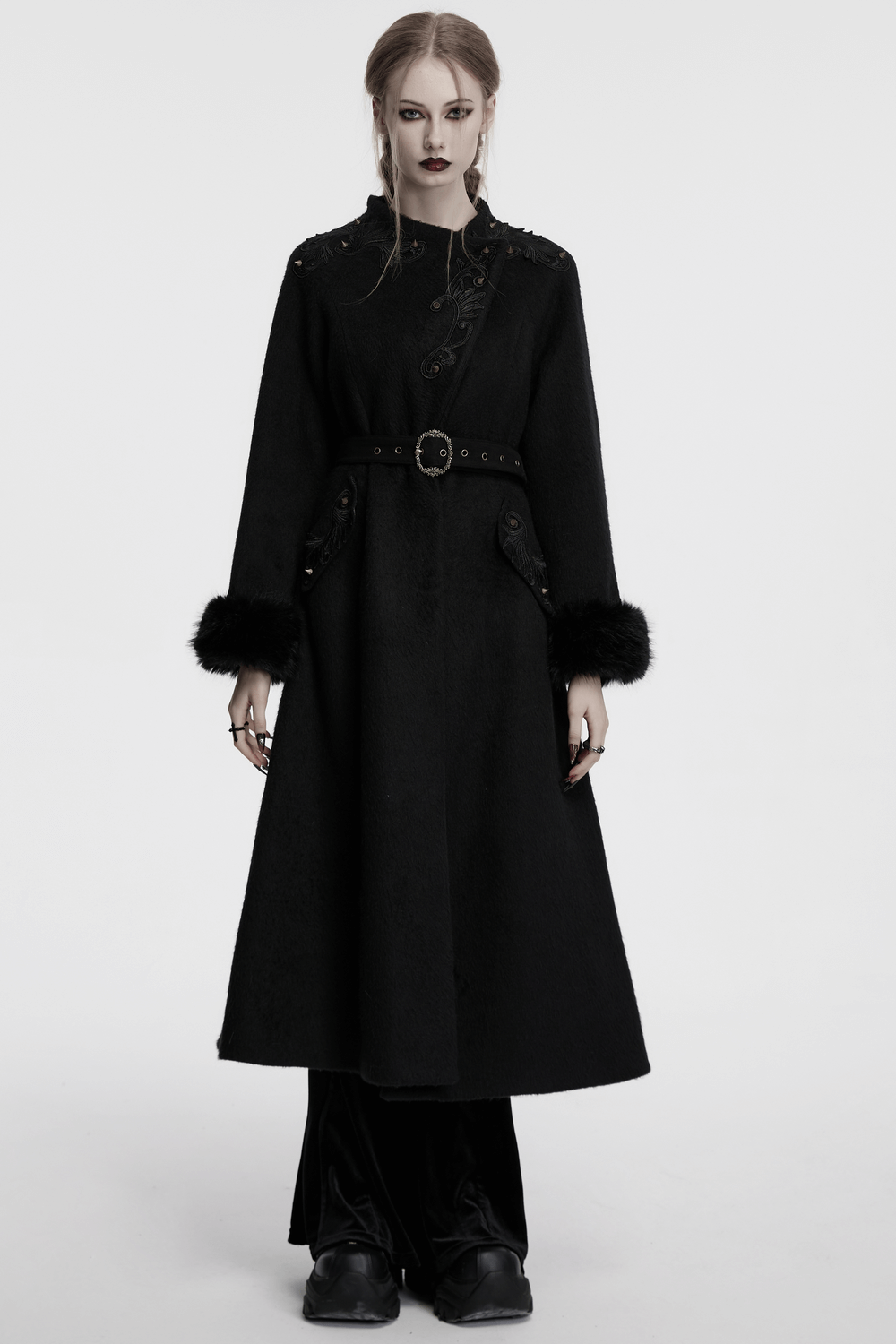 Victorian Black Long Coat with Belt and Fur Cuffs