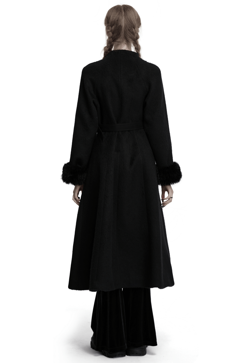 Victorian Black Long Coat with Belt and Fur Cuffs