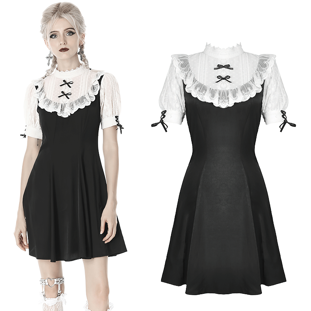 Victorian Black White Midi Dress - Gothic Lolita Style