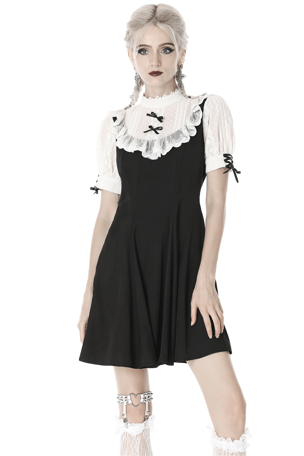Victorian Black White Midi Dress - Gothic Lolita Style