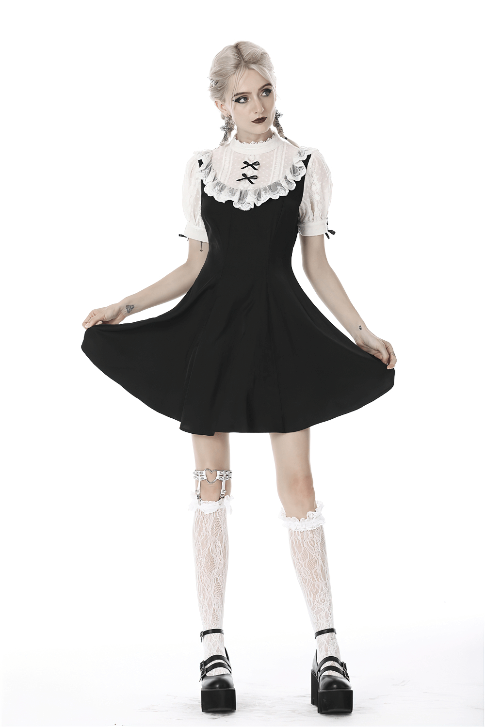 Victorian Black White Midi Dress - Gothic Lolita Style
