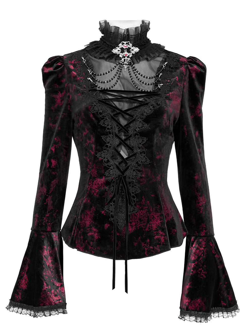 Victorian Burgundy Velvet Lace-Up Bell Sleeve Top