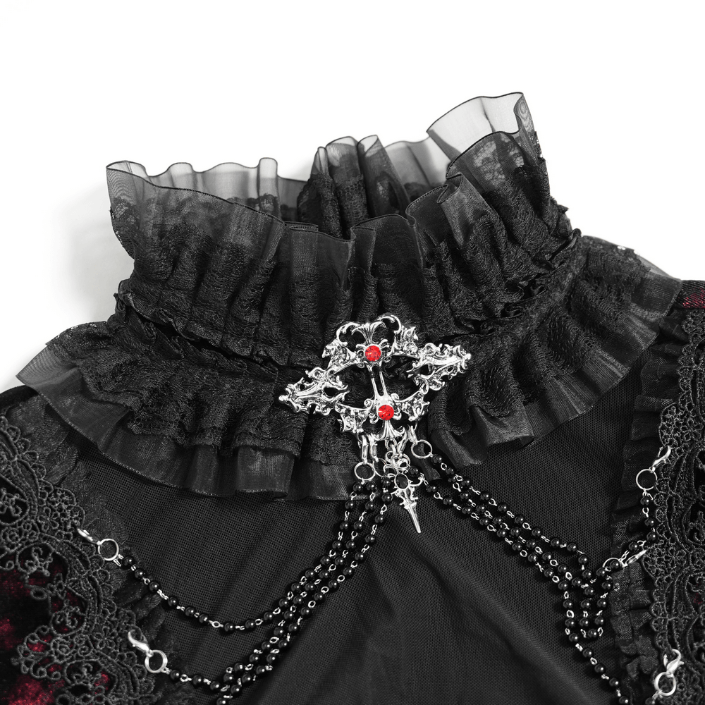 Victorian Burgundy Velvet Lace-Up Bell Sleeve Top