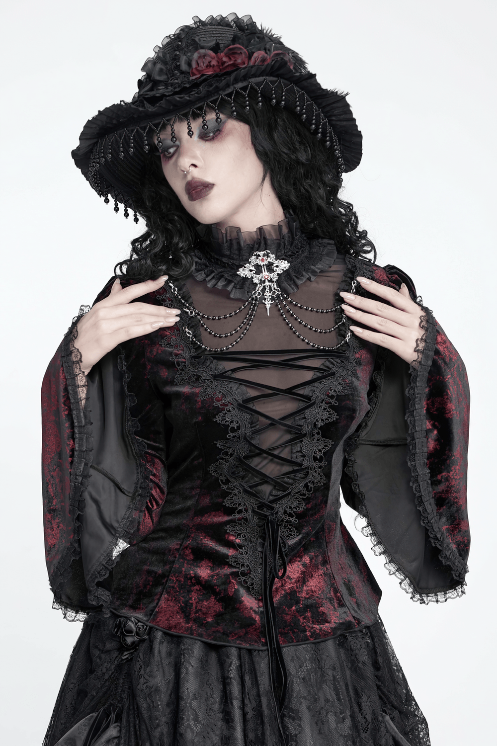 Victorian Burgundy Velvet Lace-Up Bell Sleeve Top