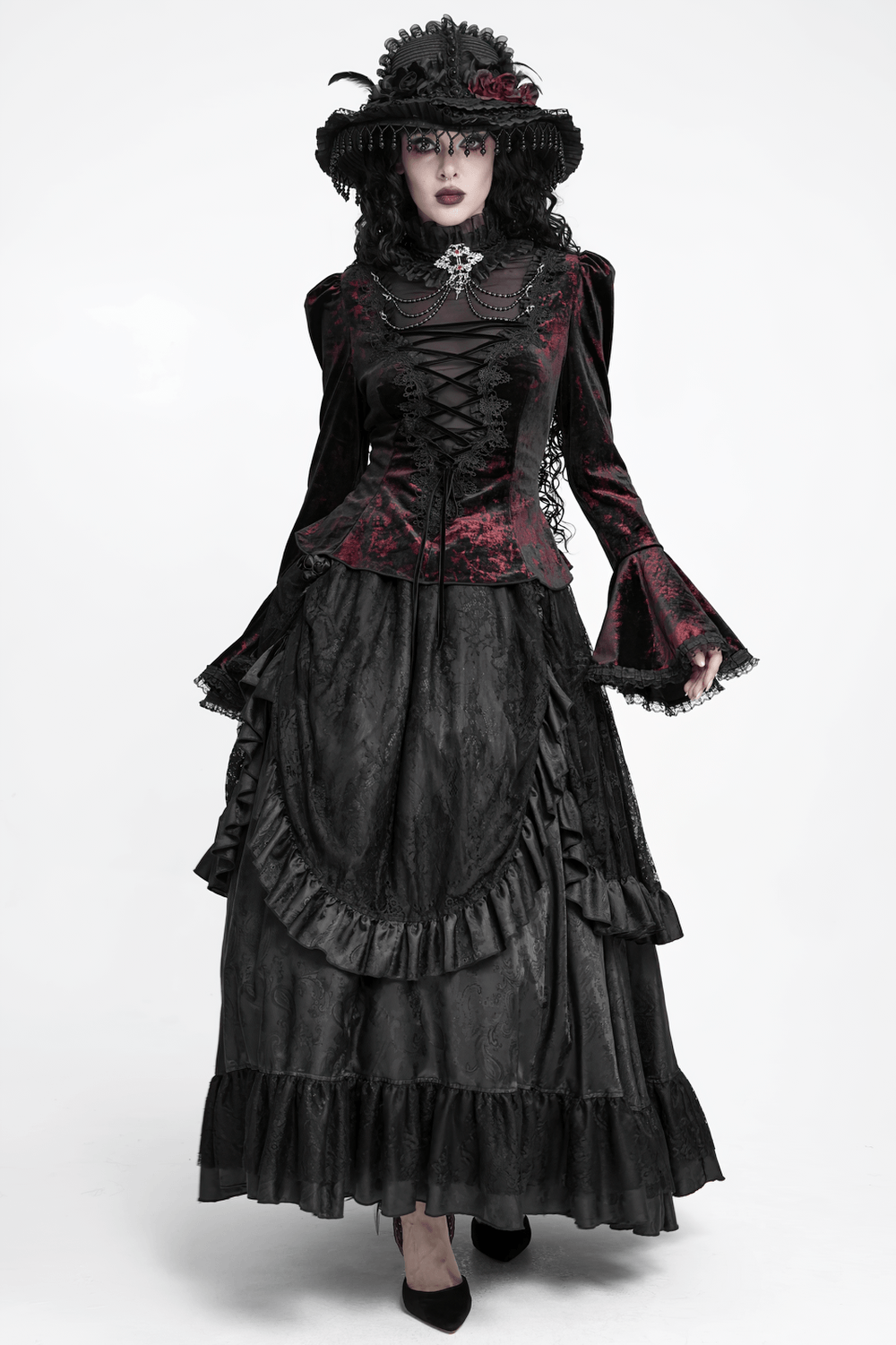 Victorian Burgundy Velvet Lace-Up Bell Sleeve Top