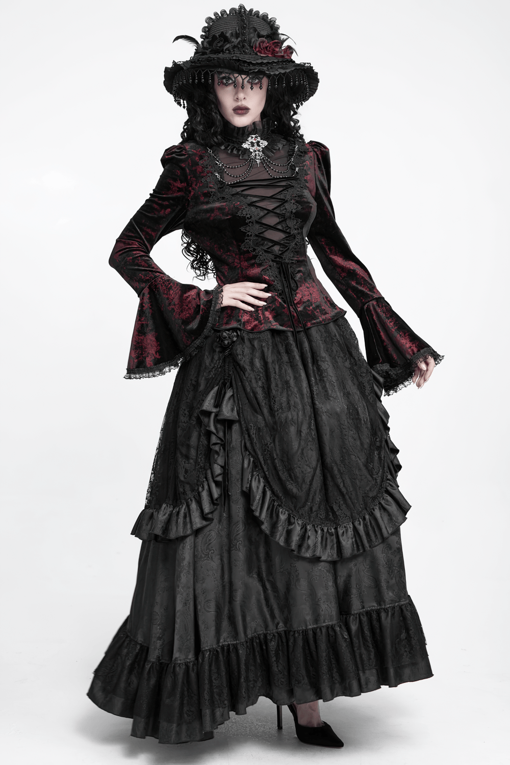 Victorian Burgundy Velvet Lace-Up Bell Sleeve Top