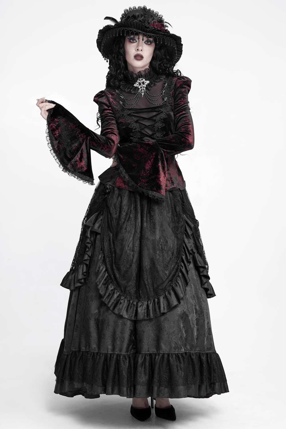 Victorian Burgundy Velvet Lace-Up Bell Sleeve Top