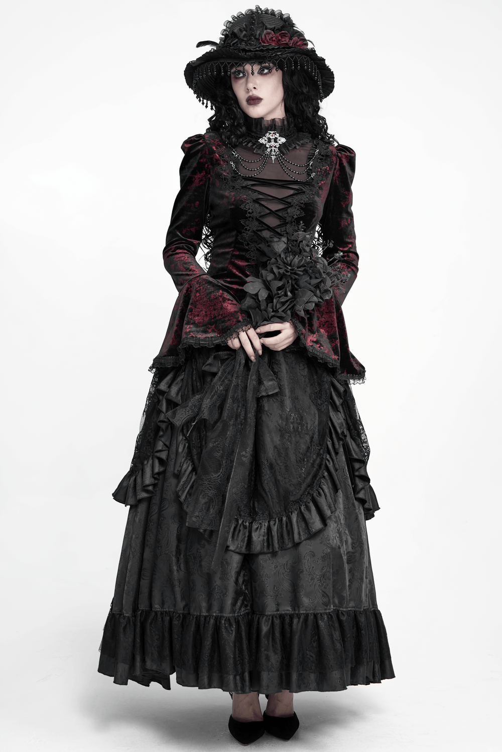 Victorian Burgundy Velvet Lace-Up Bell Sleeve Top