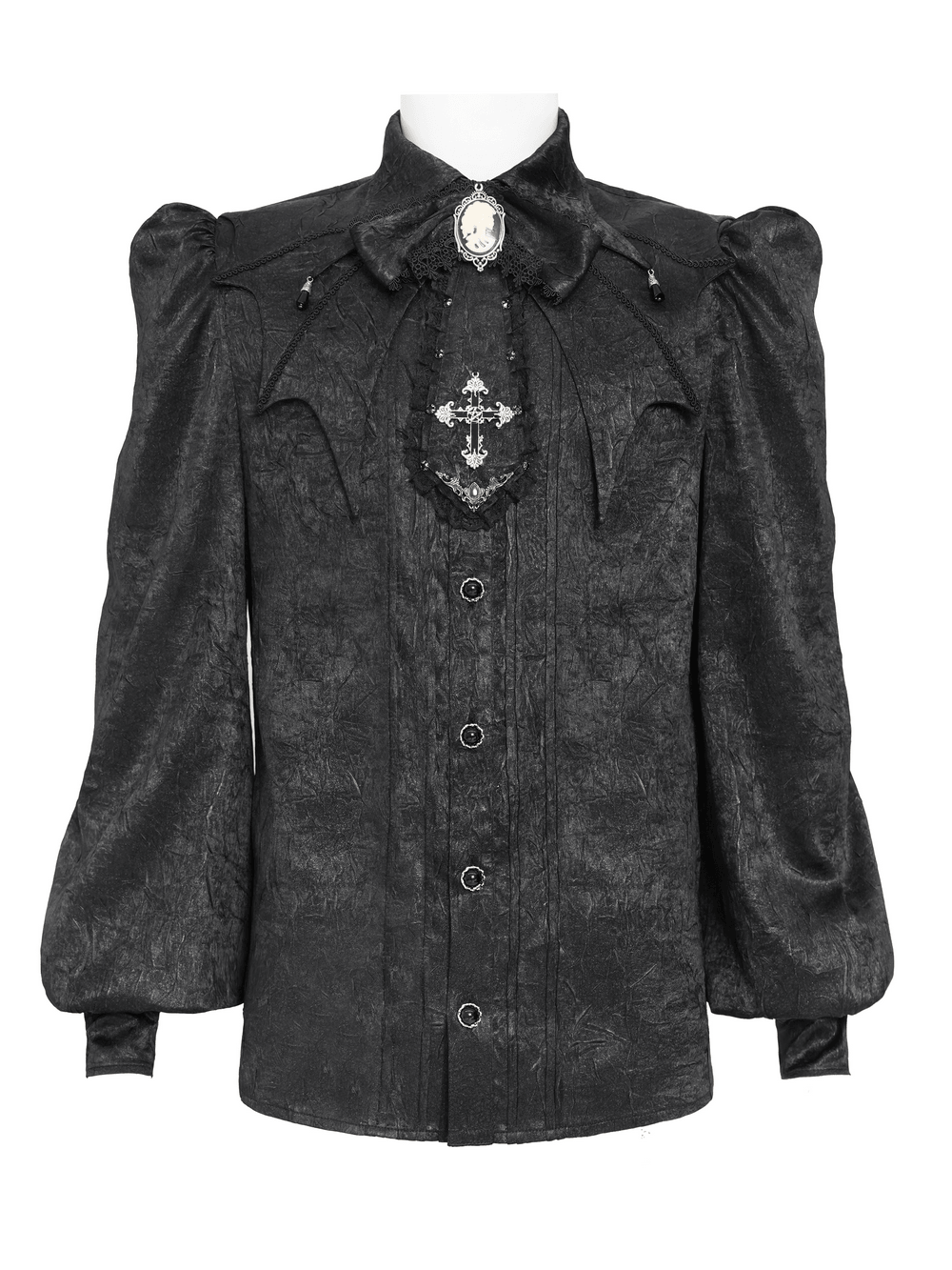 Victorian Goth Button Shirt With Cameo and Cross Brooch