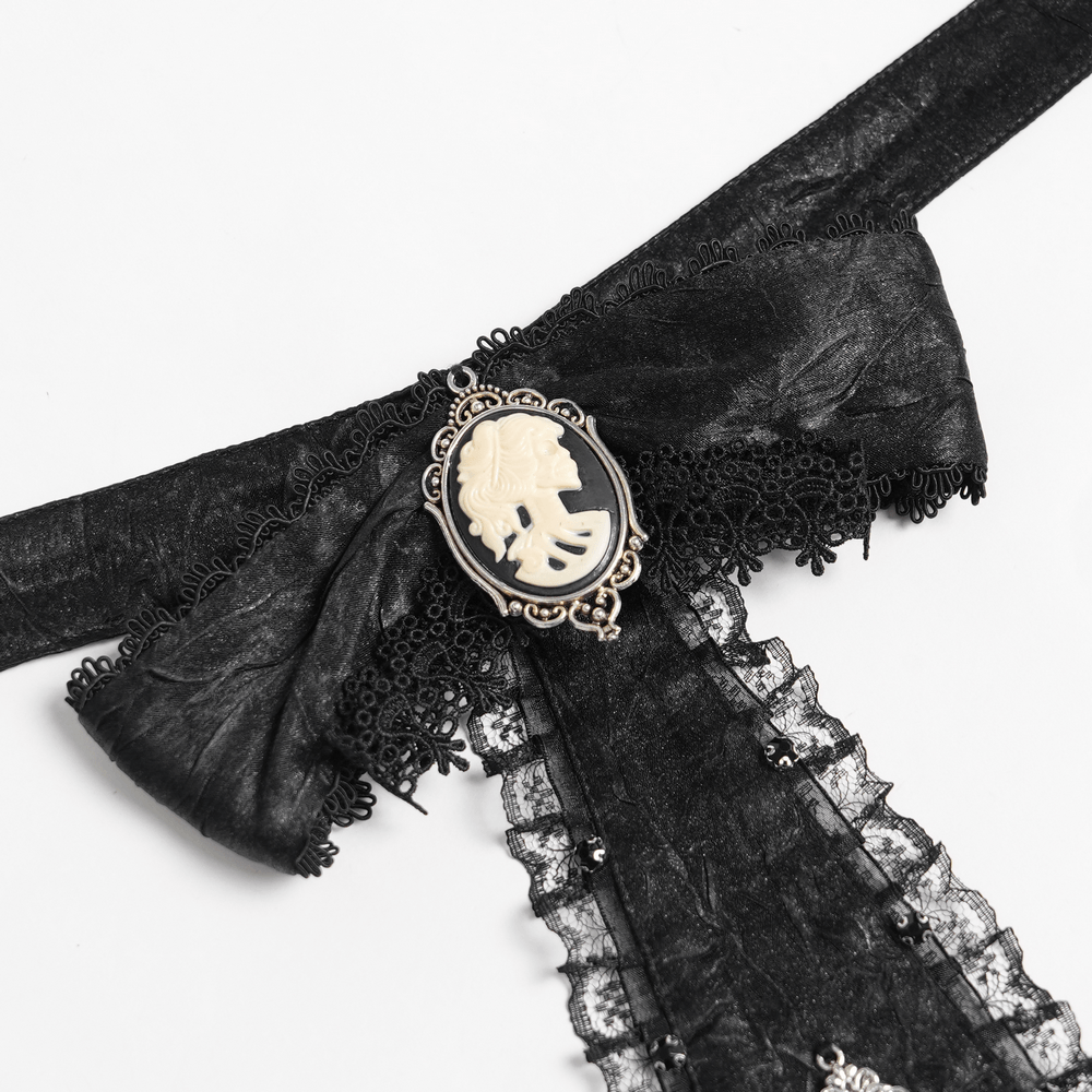 Victorian Goth Button Shirt With Cameo and Cross Brooch