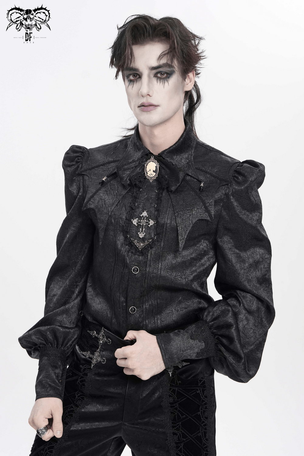 Victorian Goth Button Shirt With Cameo and Cross Brooch