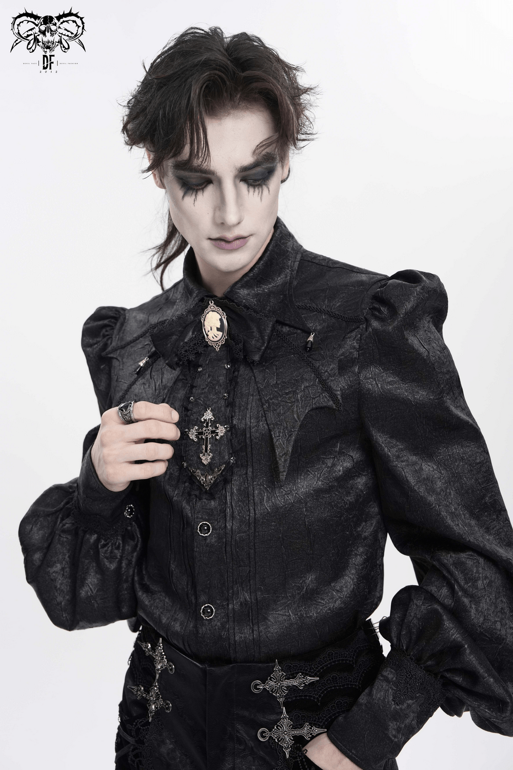 Victorian Goth Button Shirt With Cameo and Cross Brooch