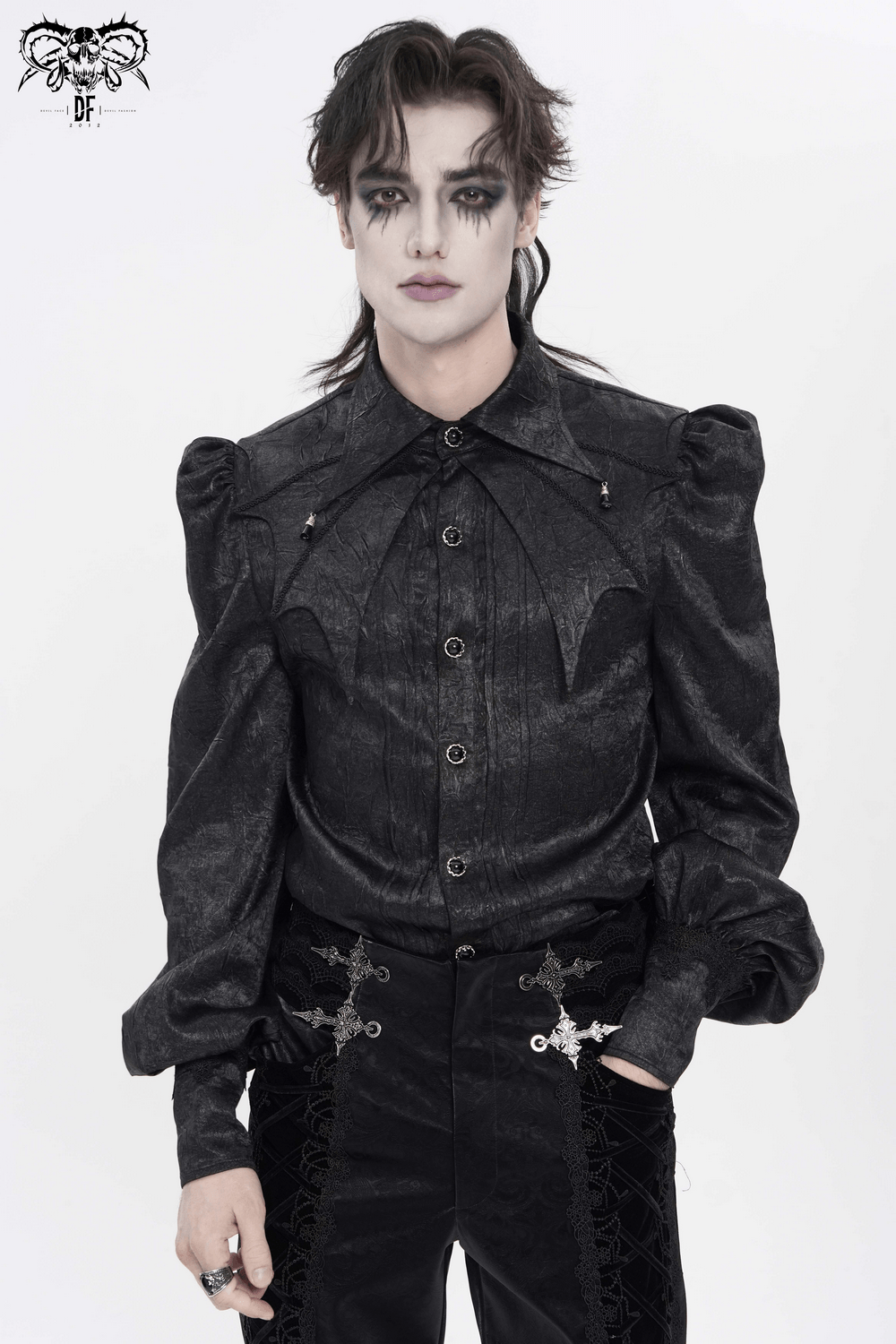 Victorian Goth Button Shirt With Cameo and Cross Brooch