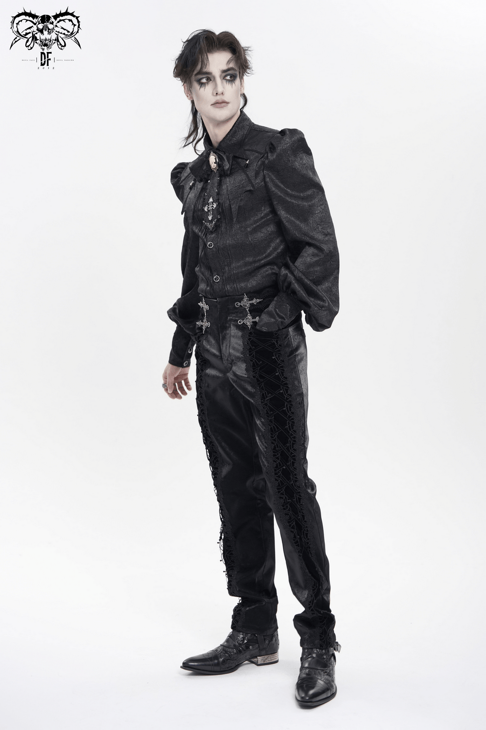Victorian Goth Button Shirt With Cameo and Cross Brooch