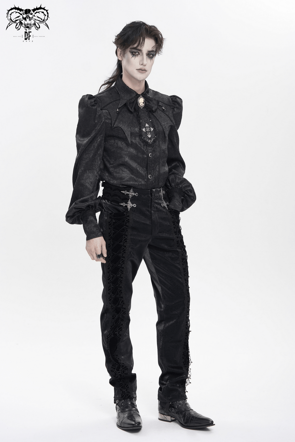 Victorian Goth Button Shirt With Cameo and Cross Brooch