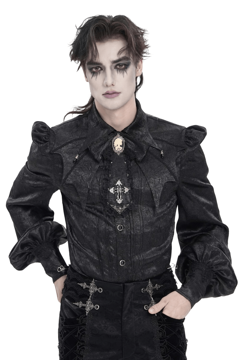 Victorian Goth Button Shirt With Cameo and Cross Brooch