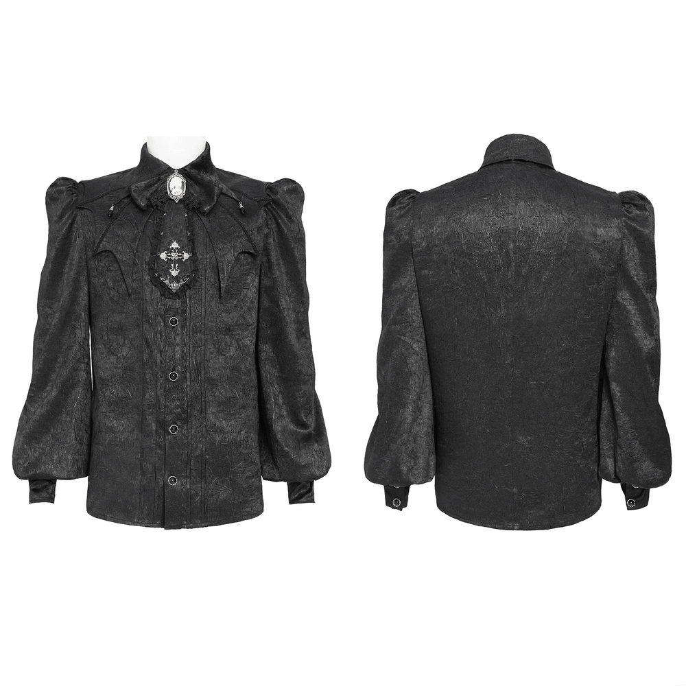 Victorian Goth Button Shirt With Cameo and Cross Brooch