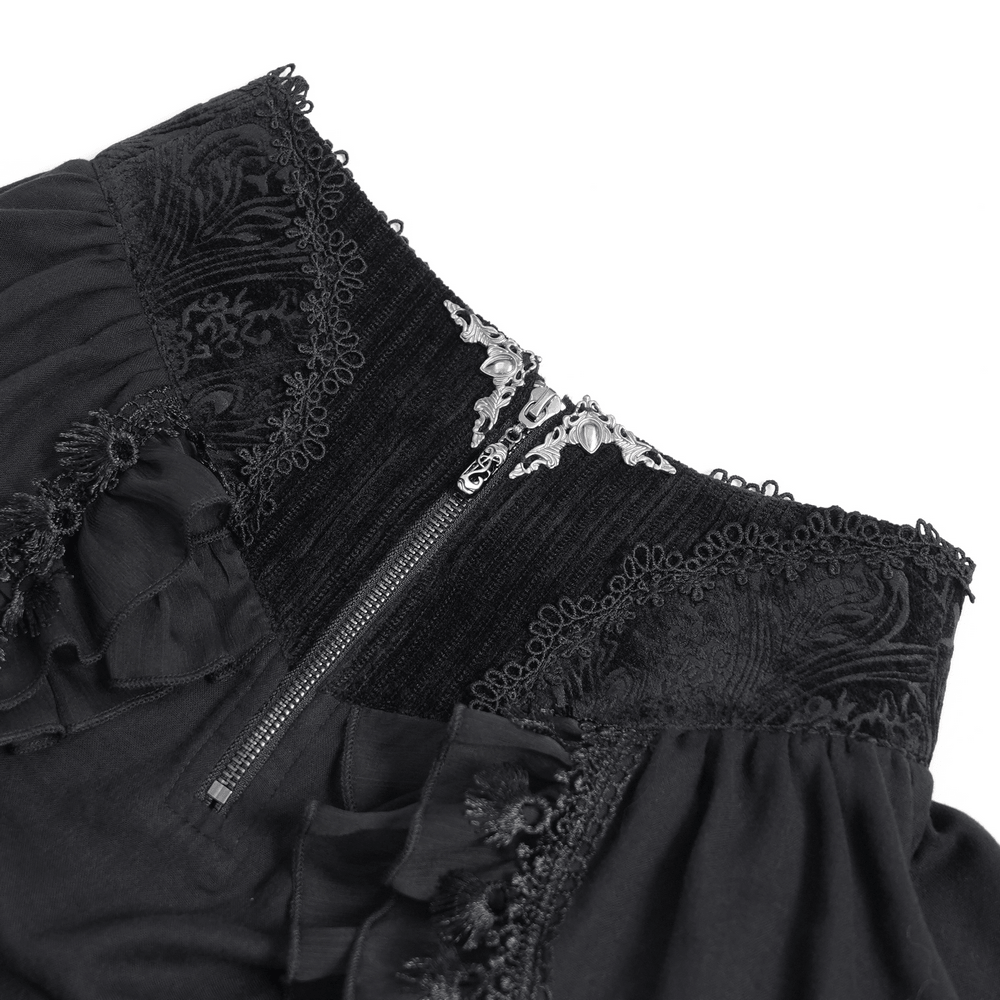 Victorian Gothic Black High Low Ruffle Lace Maxi Skirt