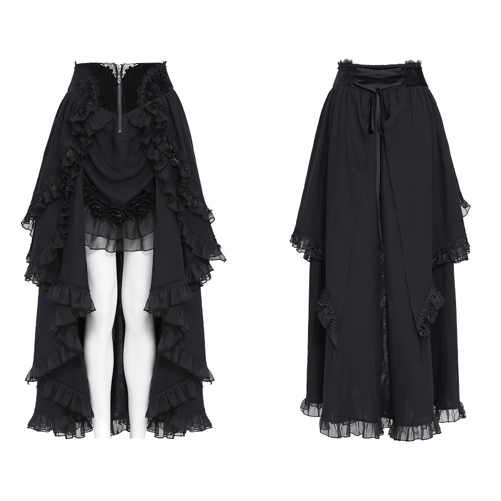 Victorian Gothic Black High Low Ruffle Lace Maxi Skirt