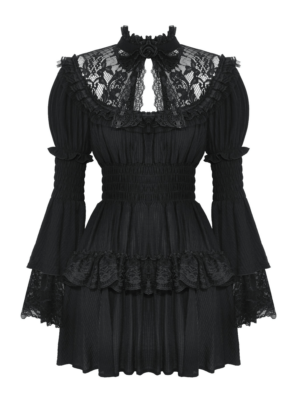 Victorian Gothic Black Lace Dress with Ruffle Details