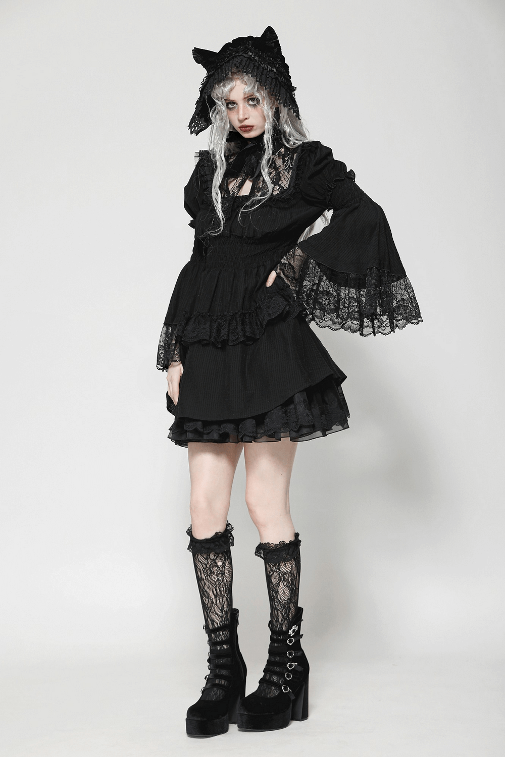 Victorian Gothic Black Lace Dress with Ruffle Details