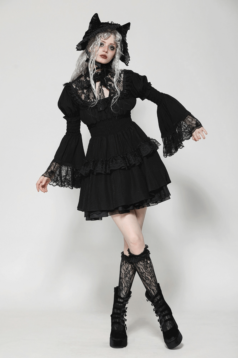 Victorian Gothic Black Lace Dress with Ruffle Details