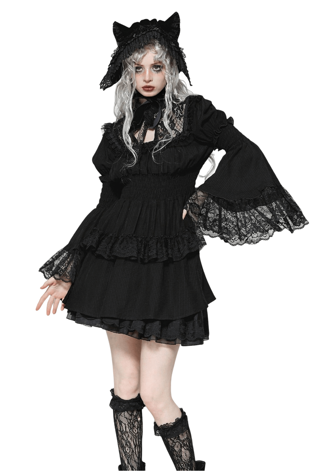 Victorian Gothic Black Lace Dress with Ruffle Details