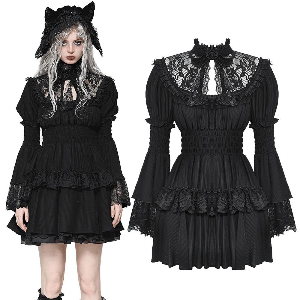 Victorian Gothic Black Lace Dress with Ruffle Details