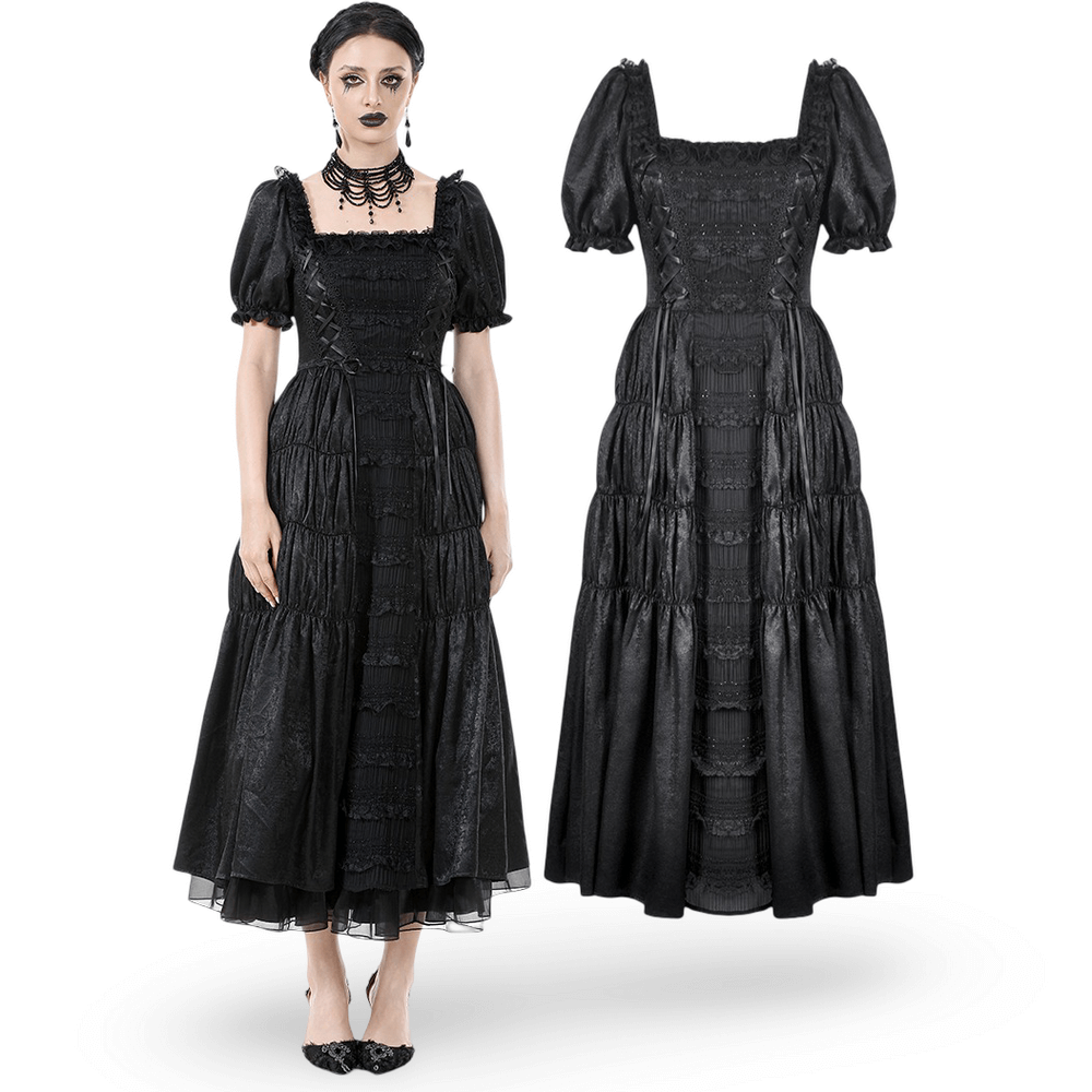 Victorian Gothic Black Puff-Sleeved Long Dress