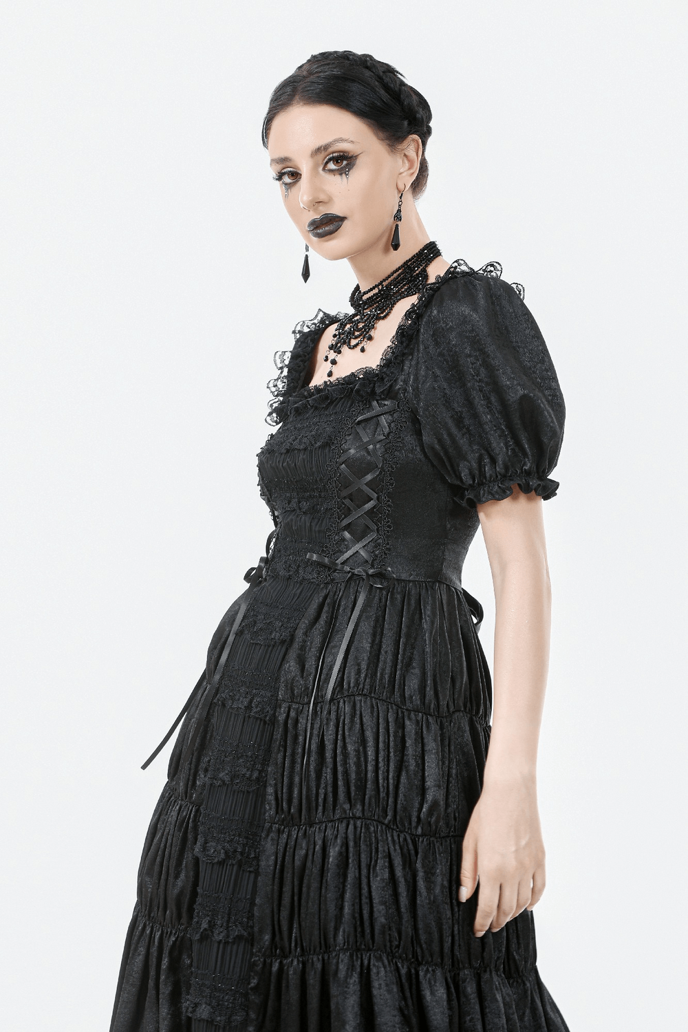 Victorian Gothic Black Puff-Sleeved Long Dress