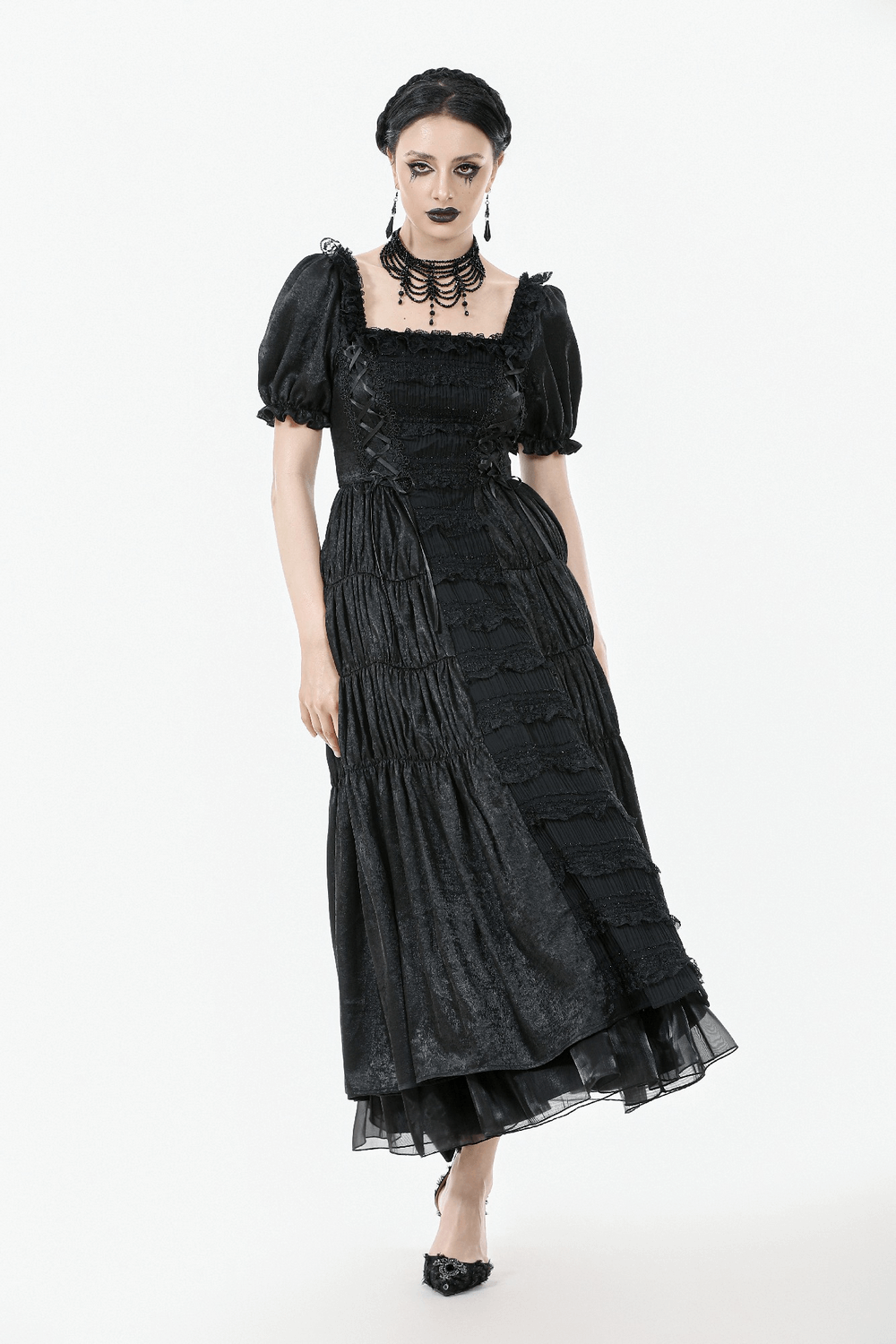 Victorian Gothic Black Puff-Sleeved Long Dress