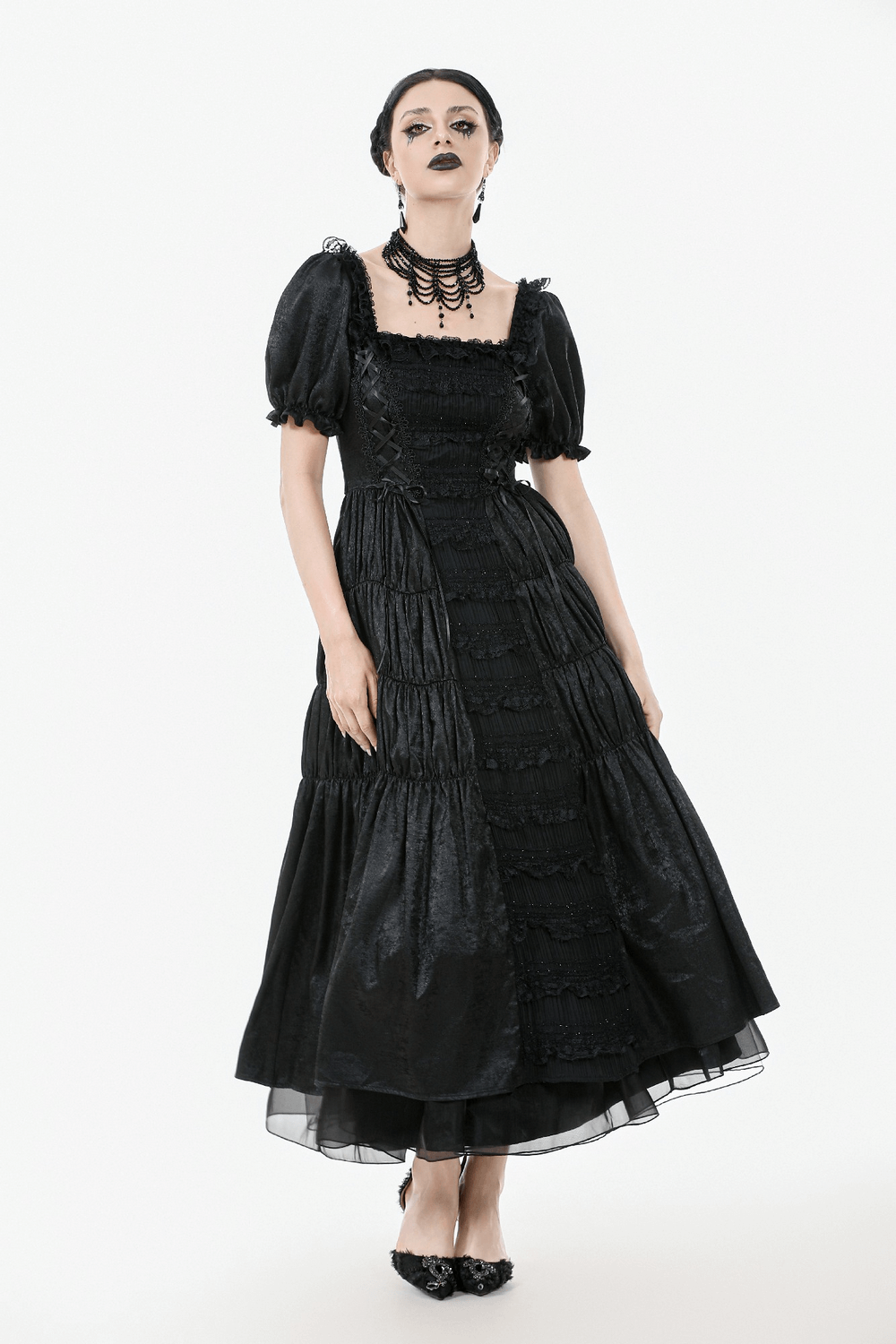 Victorian Gothic Black Puff-Sleeved Long Dress