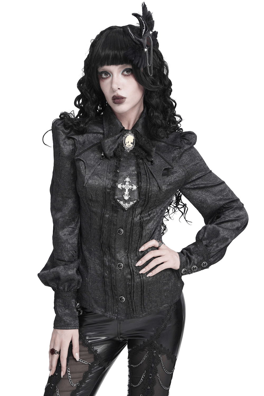 Victorian Gothic Blouse with Cross Brooch Detail