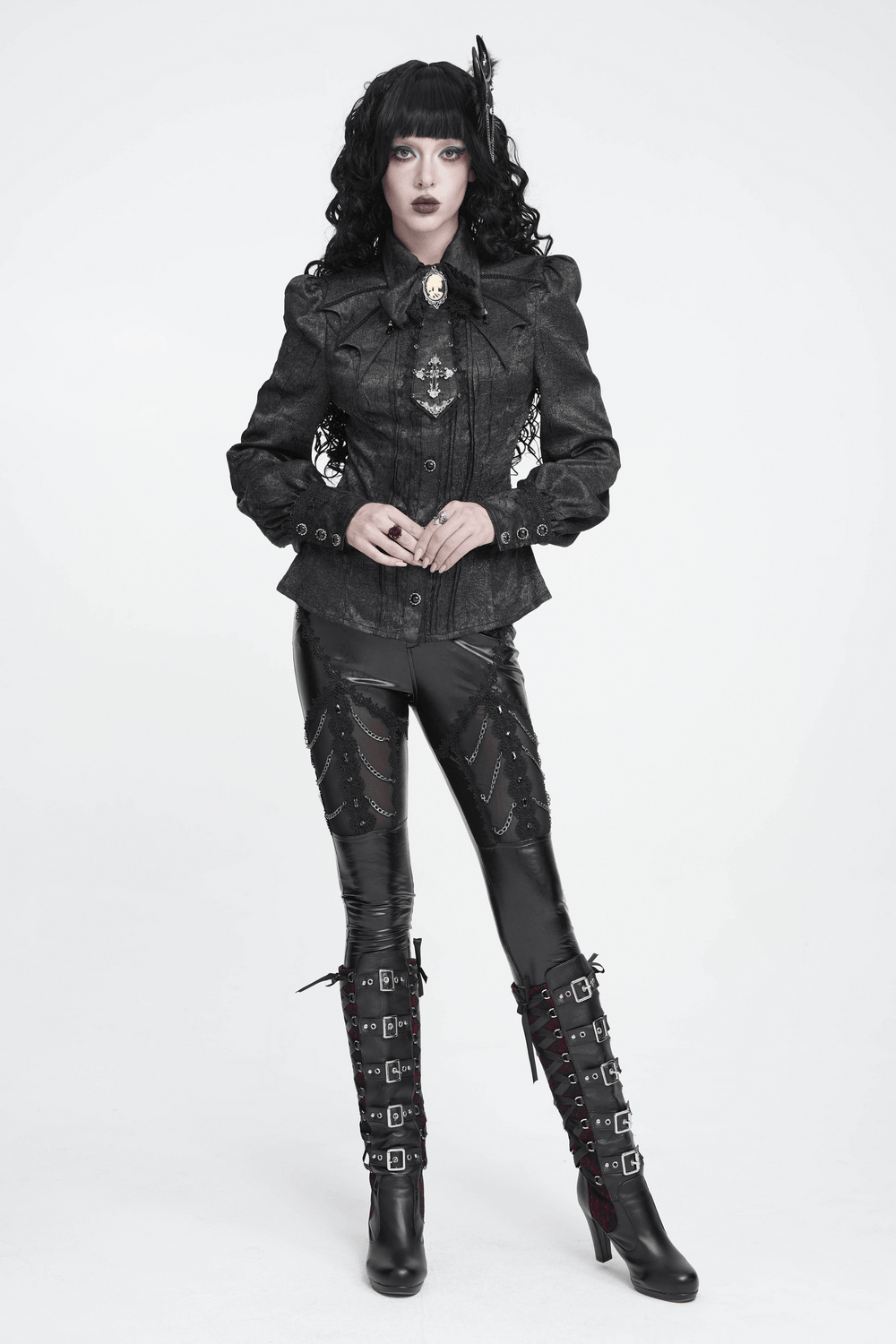 Victorian Gothic Blouse with Cross Brooch Detail