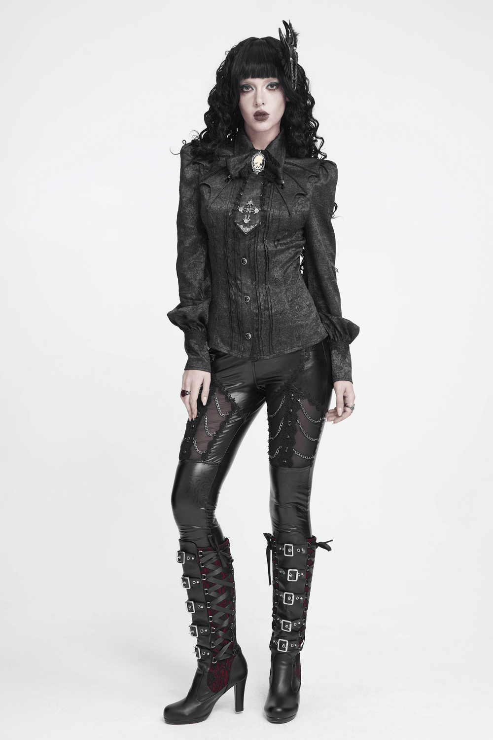 Victorian Gothic Blouse with Cross Brooch Detail