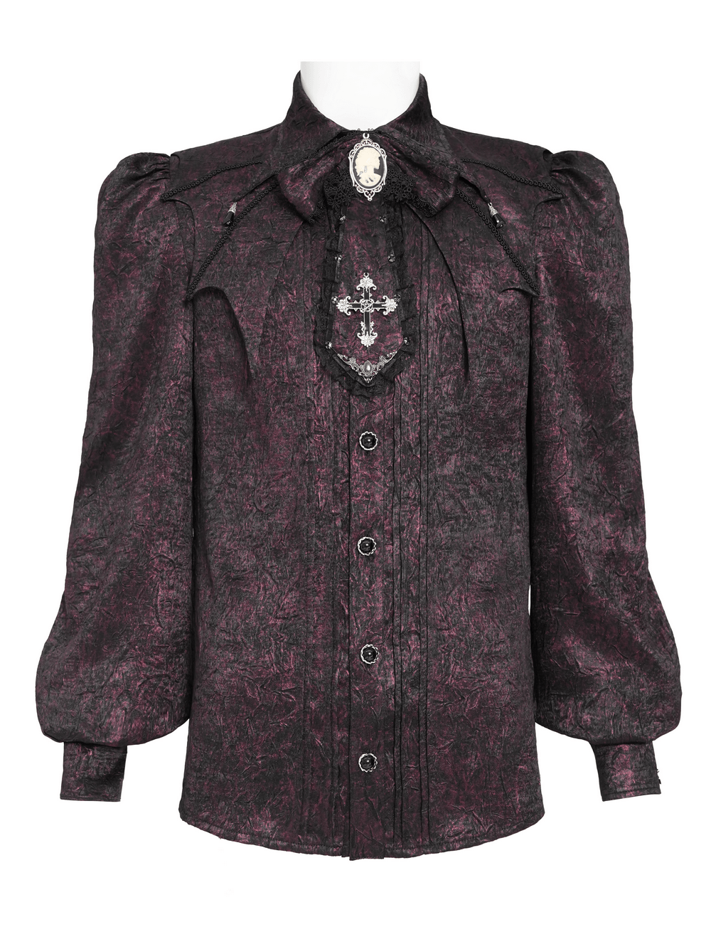 Victorian Gothic Brocade Shirt With Puff Sleeves and Tie