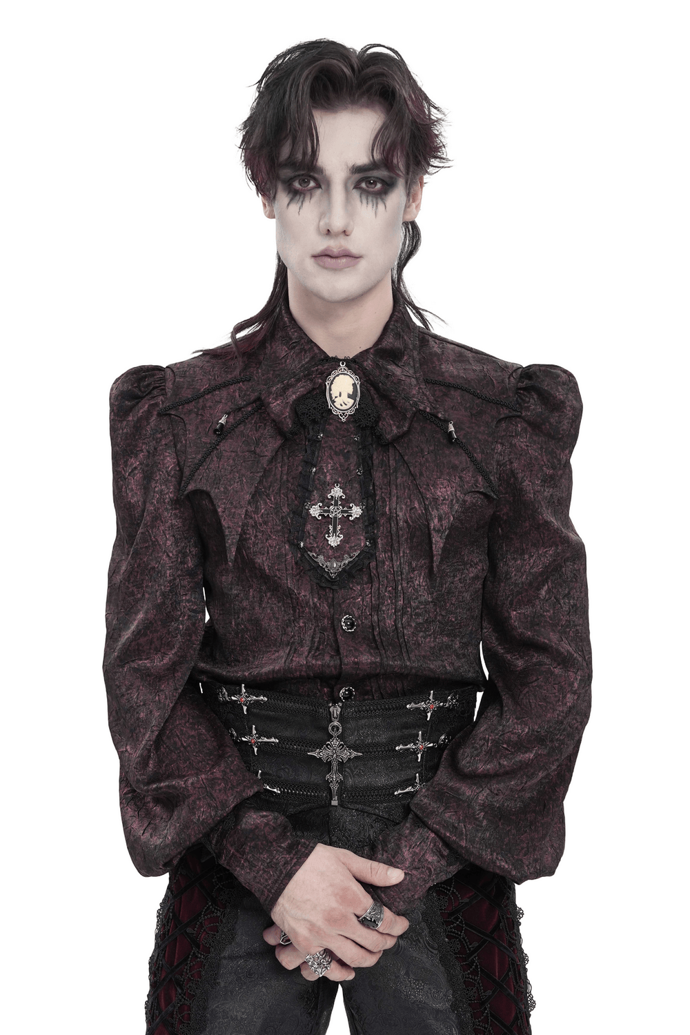 Victorian Gothic Brocade Shirt With Puff Sleeves and Tie