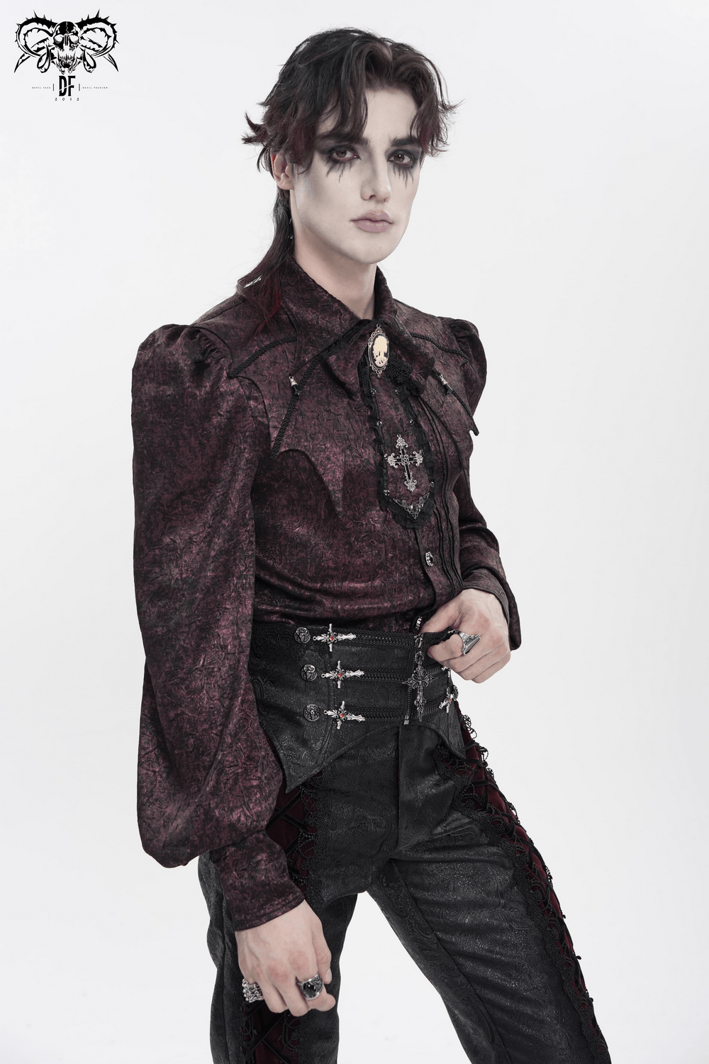 Victorian Gothic Brocade Shirt With Puff Sleeves and Tie