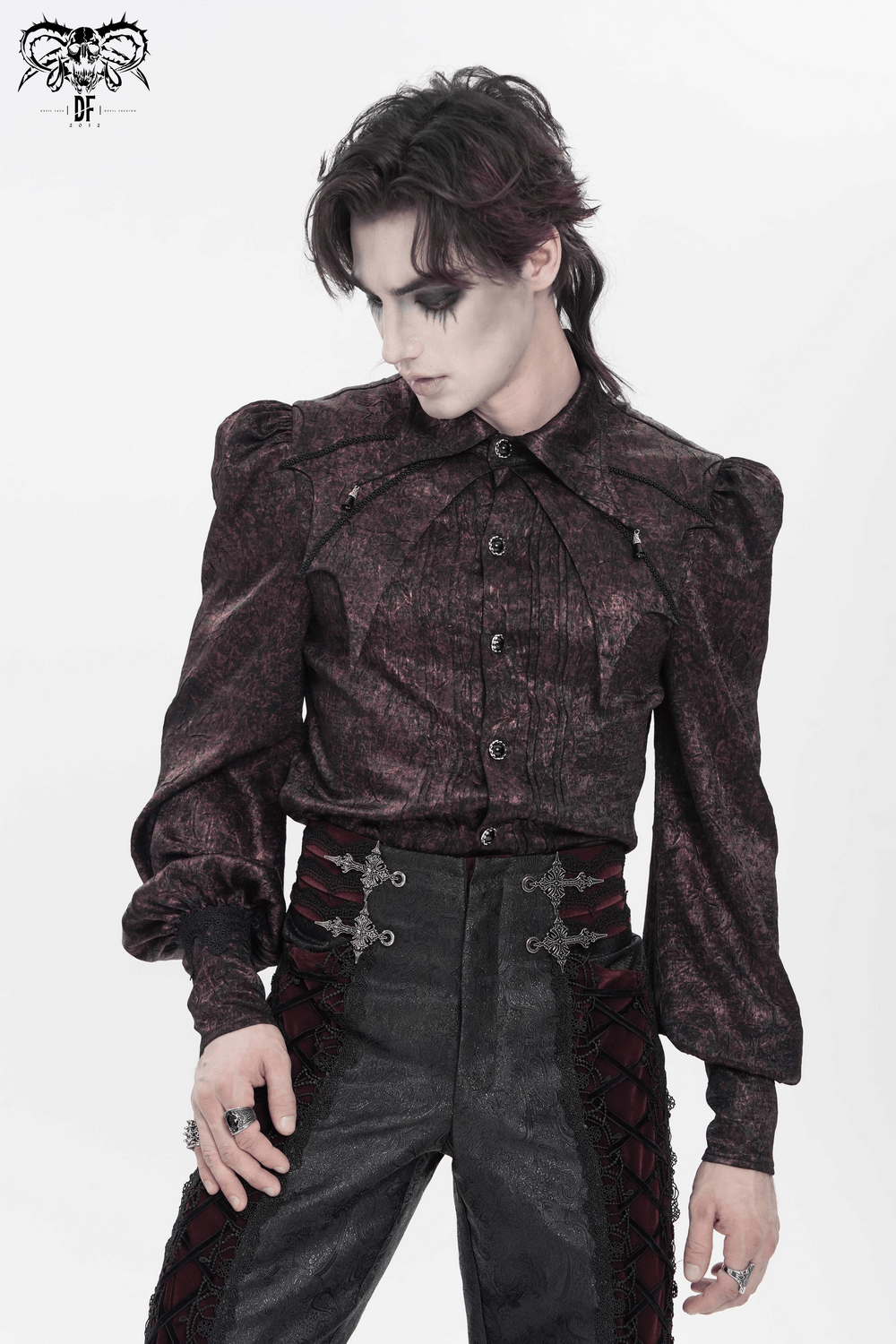 Victorian Gothic Brocade Shirt With Puff Sleeves and Tie