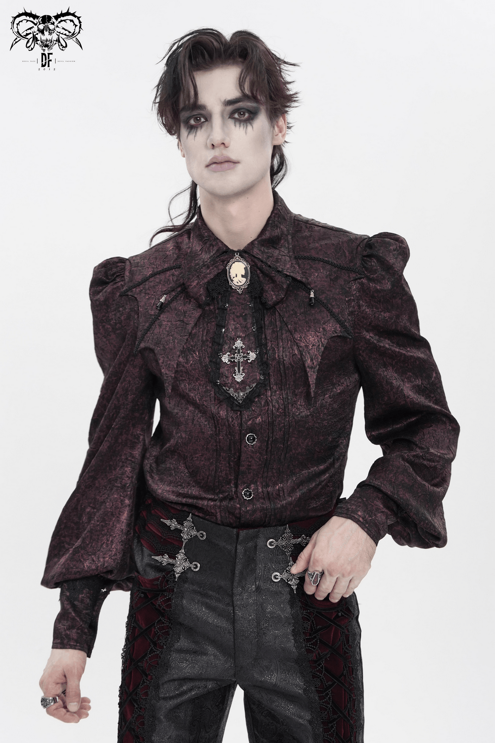 Victorian Gothic Brocade Shirt With Puff Sleeves and Tie