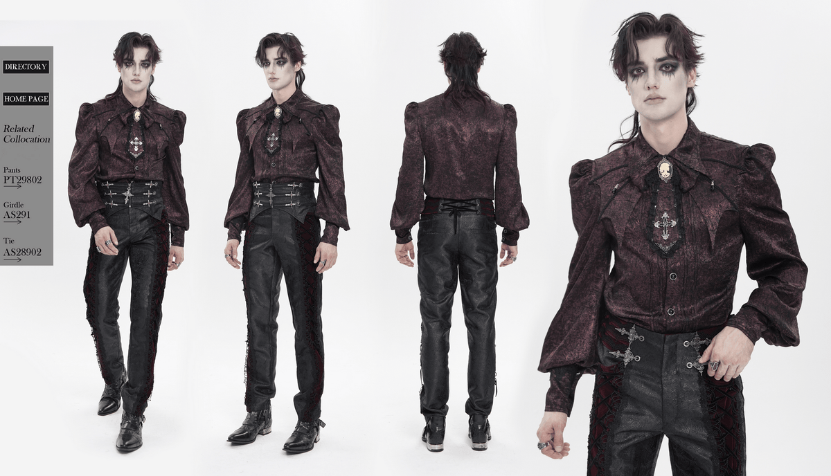 Victorian Gothic Brocade Shirt With Puff Sleeves and Tie