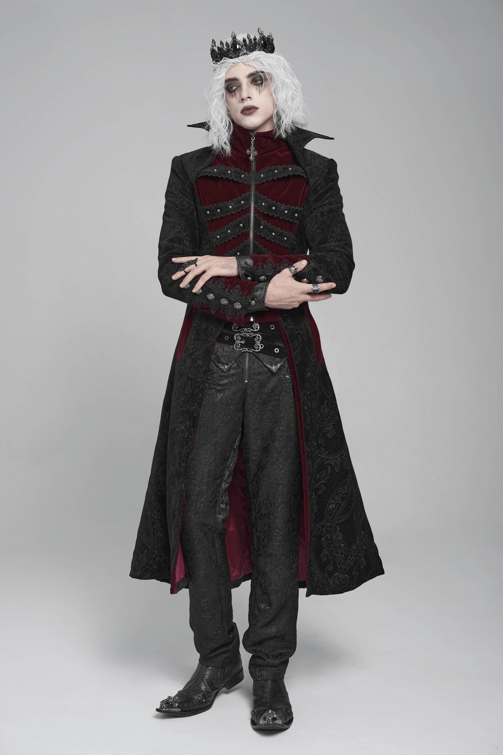Victorian Gothic Brocade Tailcoat with Wine Red Velvet Trim