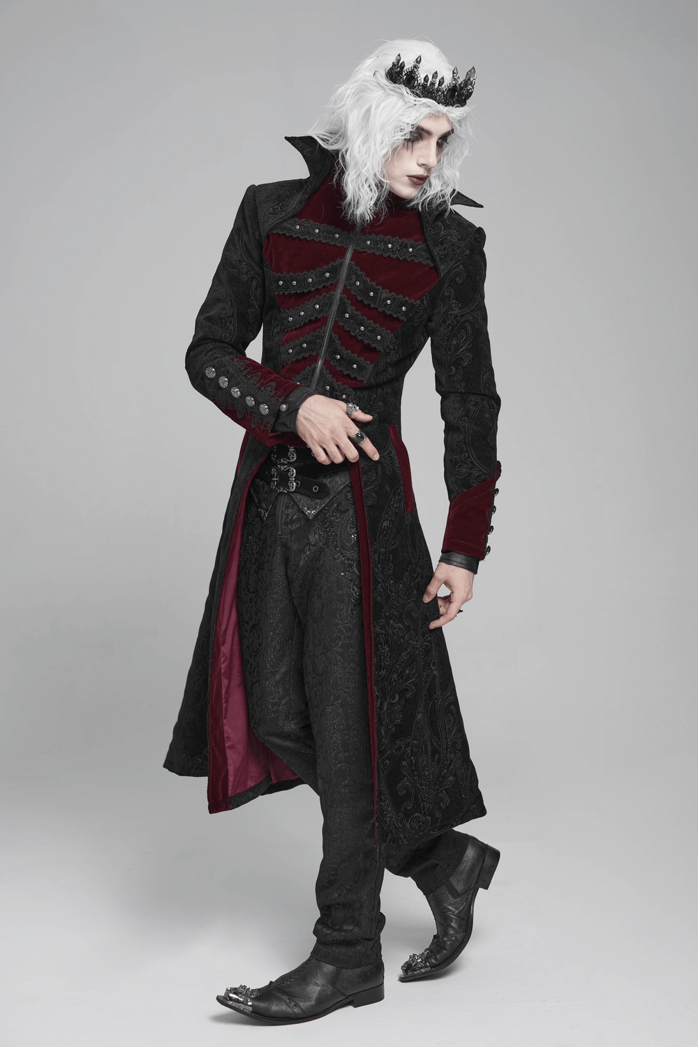 Victorian Gothic Brocade Tailcoat with Wine Red Velvet Trim