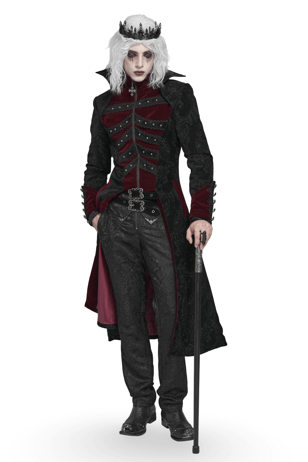 Victorian Gothic Brocade Tailcoat with Wine Red Velvet Trim