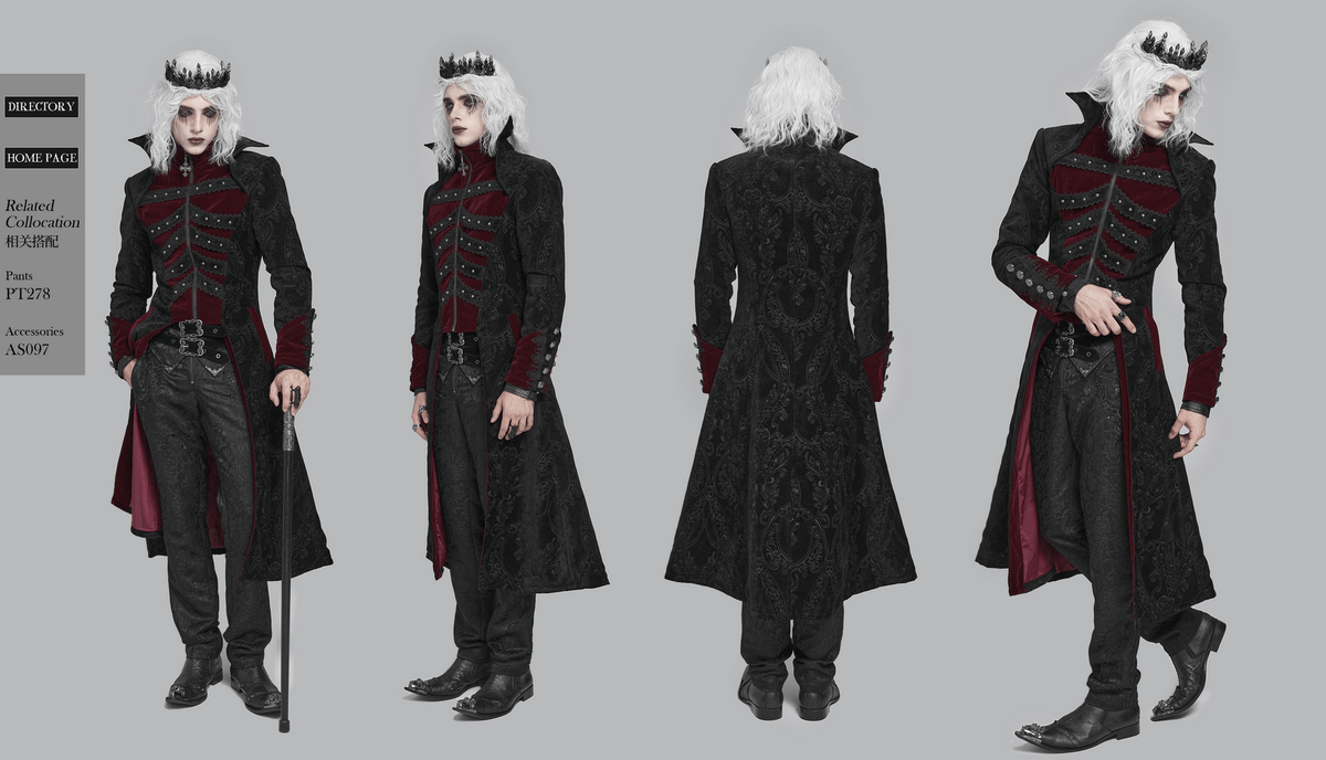 Victorian Gothic Brocade Tailcoat with Wine Red Velvet Trim