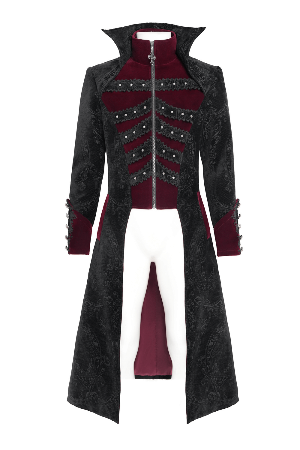Victorian Gothic Brocade Tailcoat with Wine Red Velvet Trim