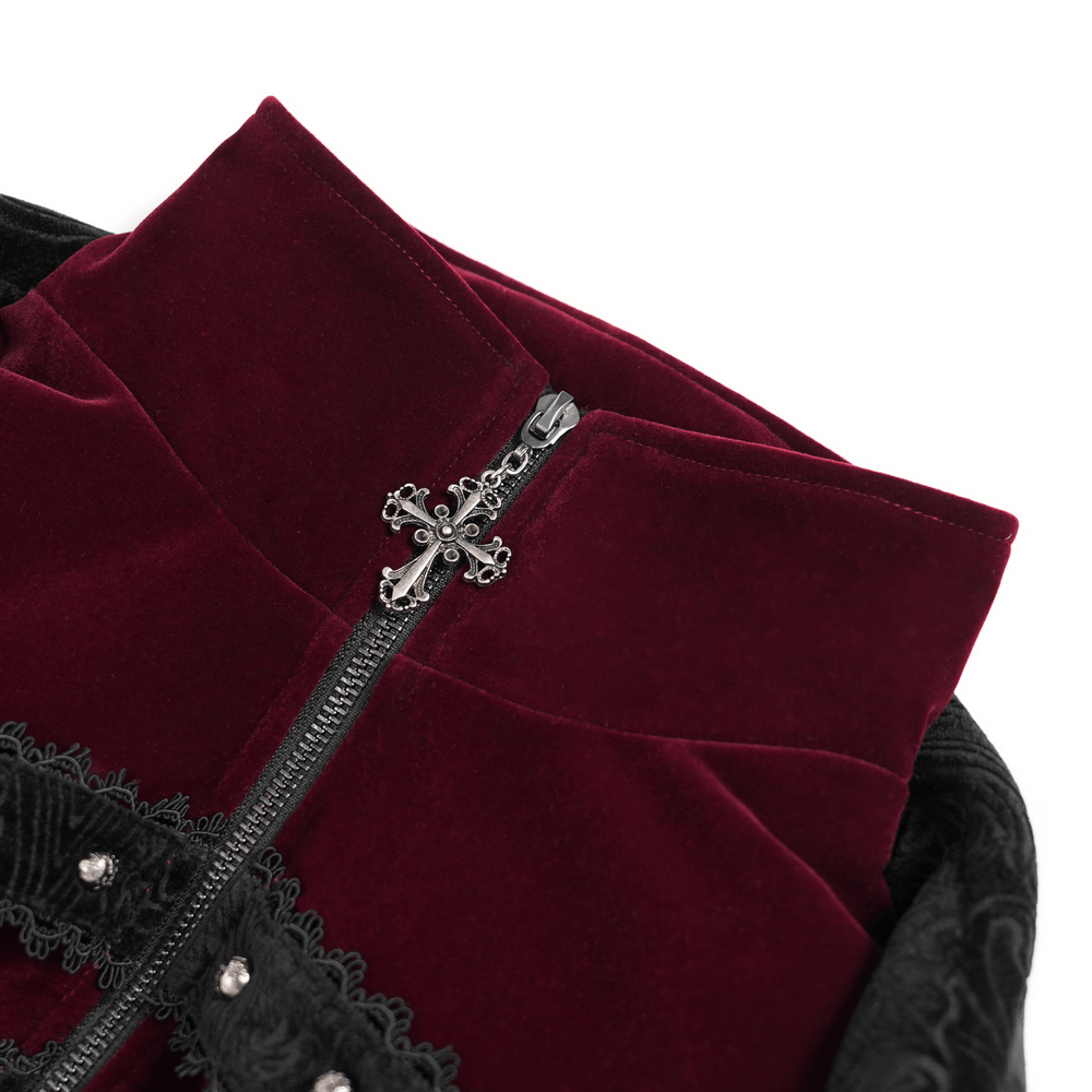 Victorian Gothic Brocade Tailcoat with Wine Red Velvet Trim