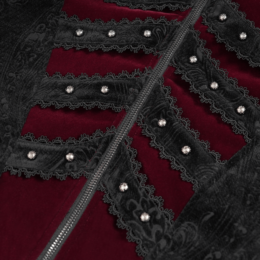 Victorian Gothic Brocade Tailcoat with Wine Red Velvet Trim