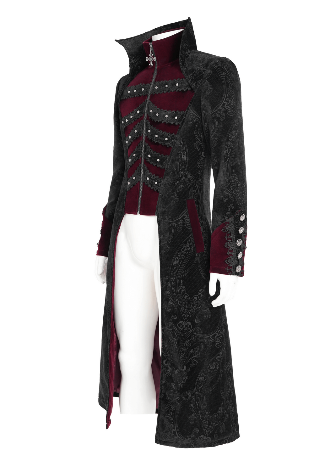 Victorian Gothic Brocade Tailcoat with Wine Red Velvet Trim